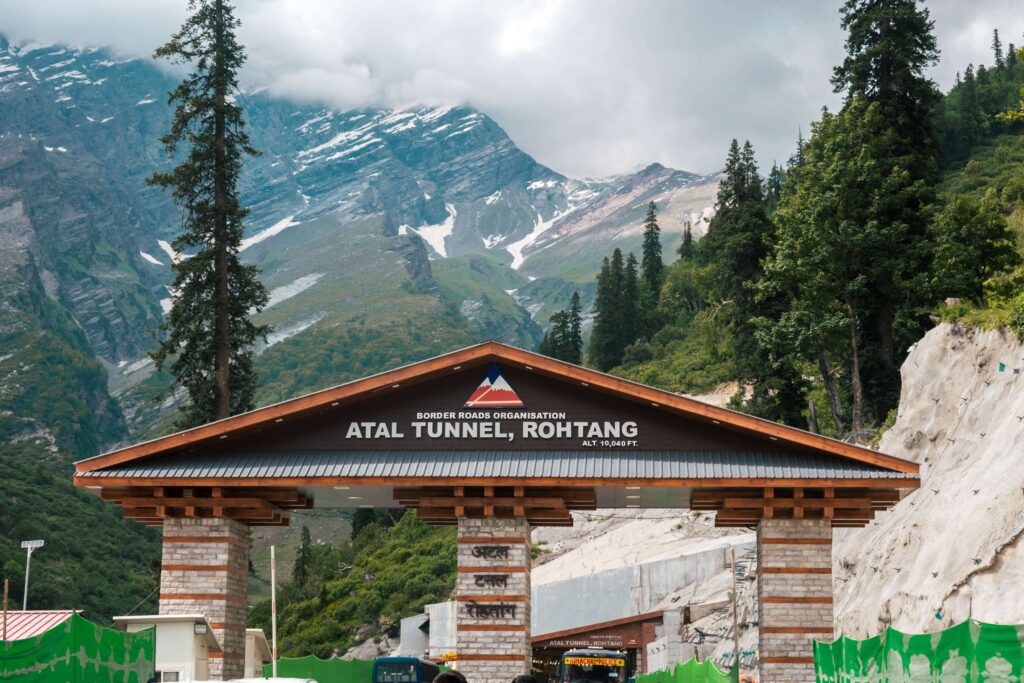 atal tunnel with snow mountains, manali, rohtang pass